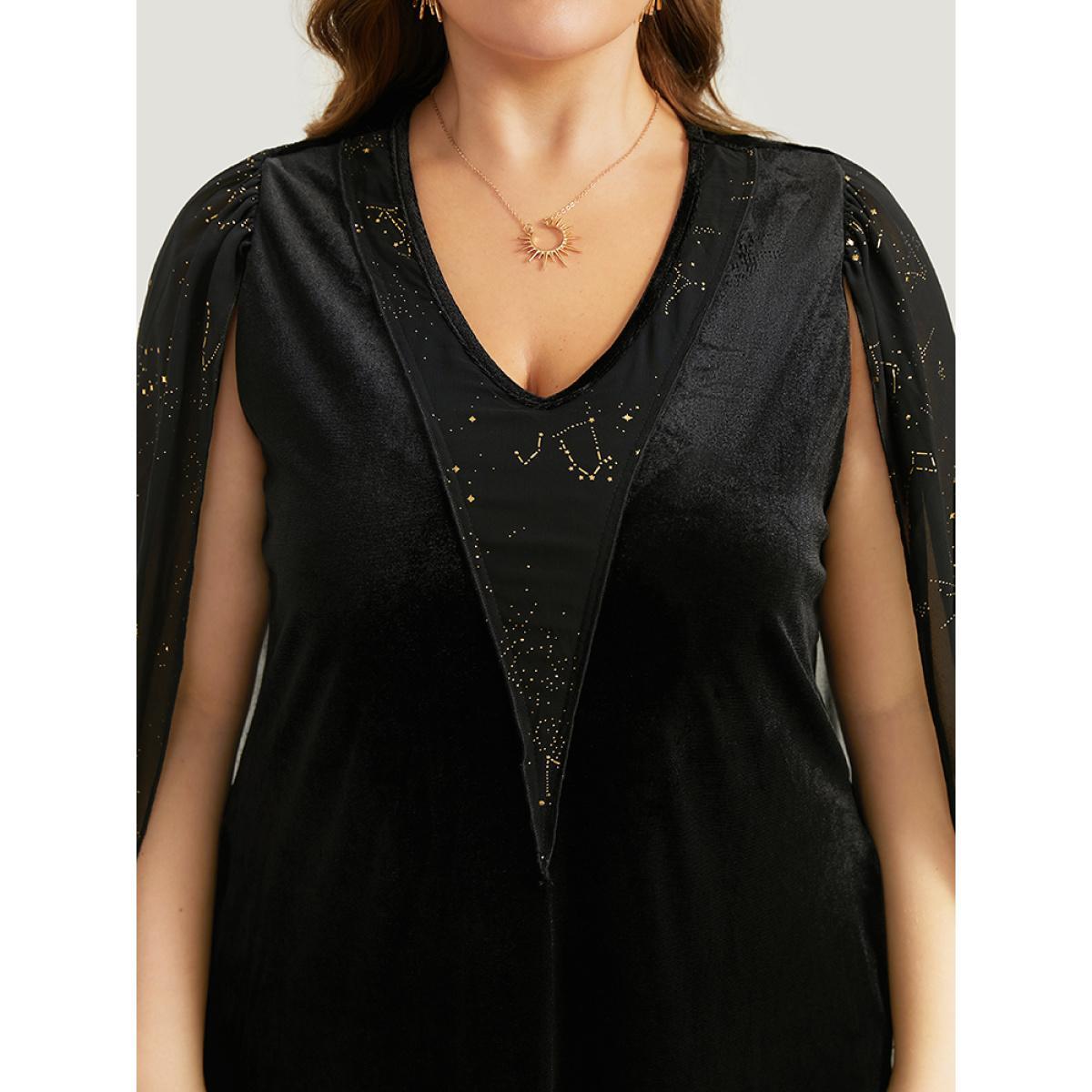 Plus Size Halloween Glitter Detail Patchwork Dress With Cape Black Women Elegant Gathered V-neck Sleeveless Curvy Long Dress BloomChic 14-16/1X Product Image