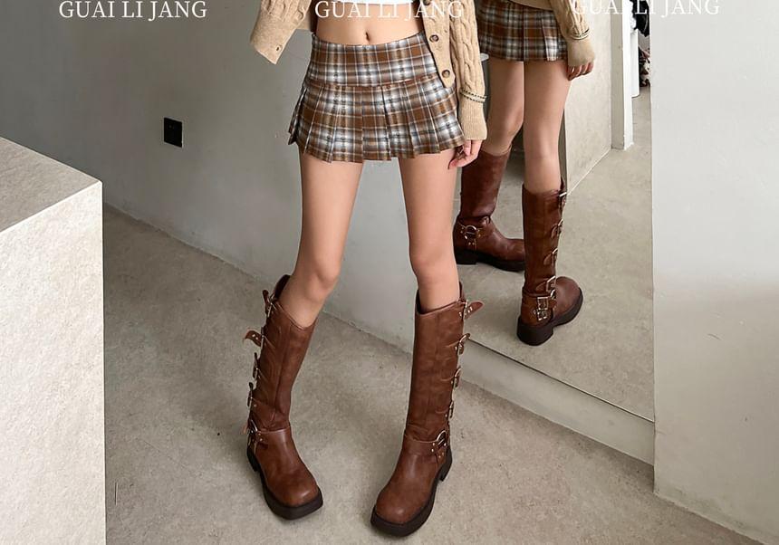 Mid Rise Plaid Pleated Mini A-Line Skirt Product Image