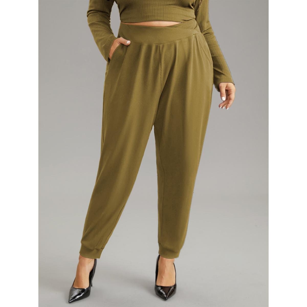 Plus Size Crossover Plain Texture High Rise Pants Women Olive Casual High Rise Everyday Pants BloomChic 30/6X Product Image