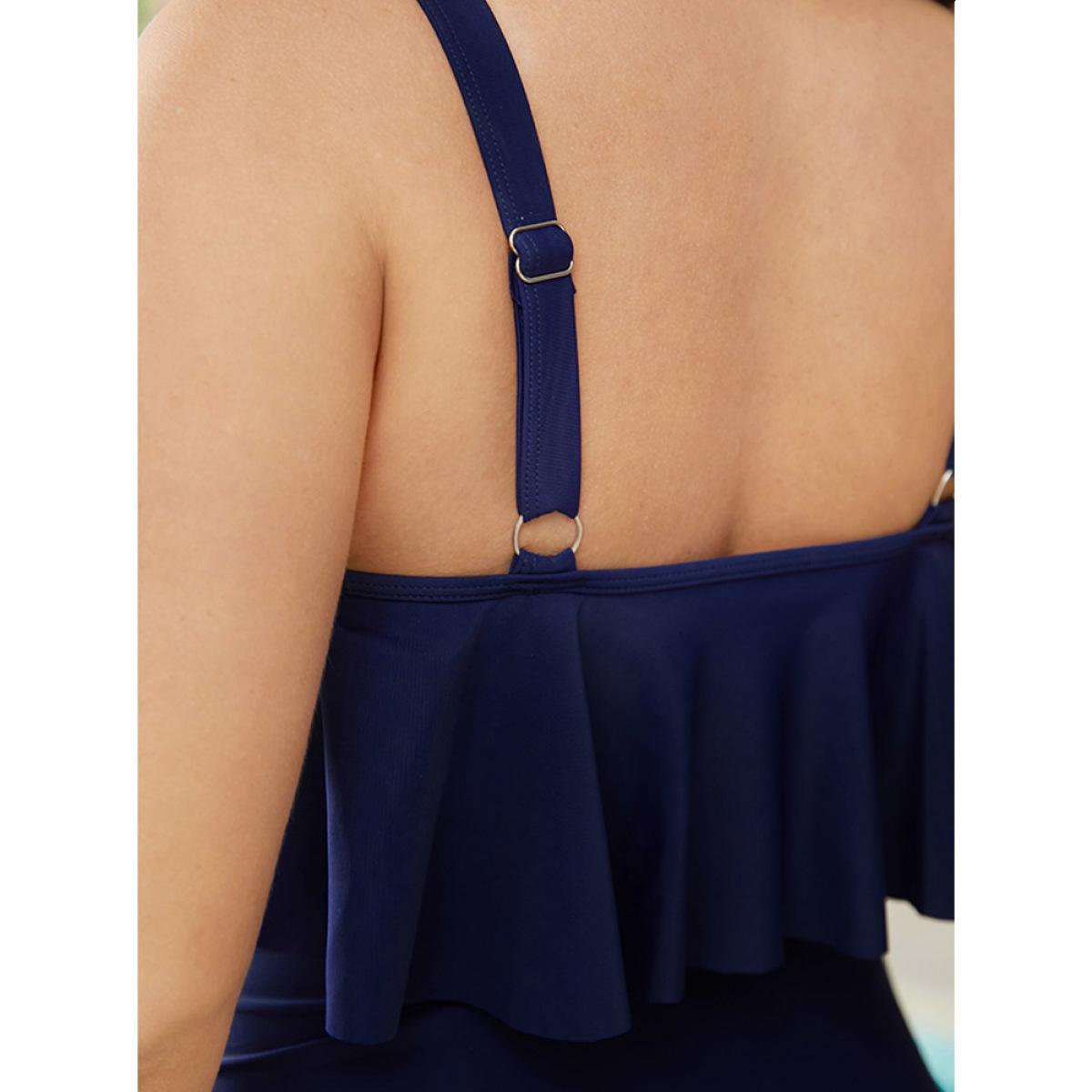 Plus Size Plain Laser Cut Ruffle Trim Asymmetrical Neck One Piece Swimsuit Women's Swimwear Indigo Vacation Adjustable Straps Curve Bathing Suits High stretch One Pieces BloomChic 26/4X Product Image
