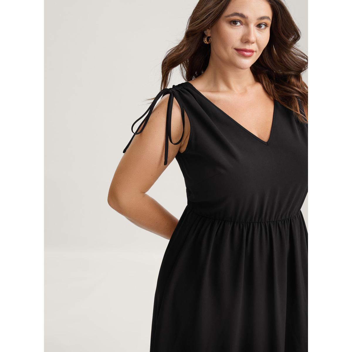 Plus Size Shoulder Drawstring Slit Solid Midi Dress Black Women V-neck Sleeveless Curvy BloomChic 28/5X Product Image