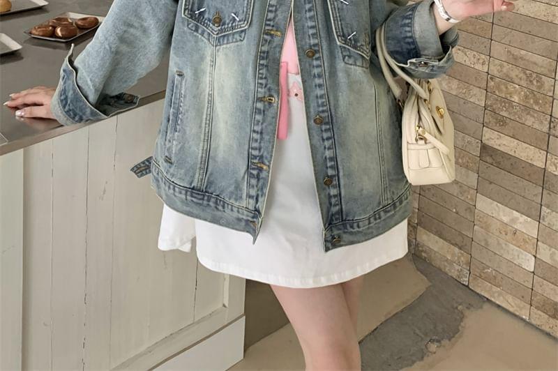 Collared Embroidered Washed Button-Up Denim Jacket Product Image