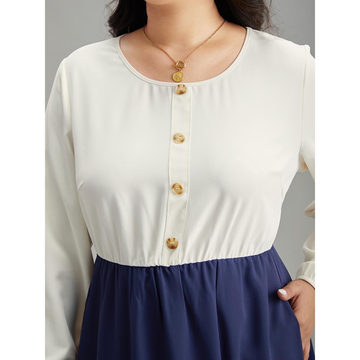 Plus Size Static-Free Contrast Button Detail Pocket Dress DarkBlue Women Elegant Elastic cuffs Round Neck Long Sleeve Curvy Midi Dress BloomChic 28/5X Product Image