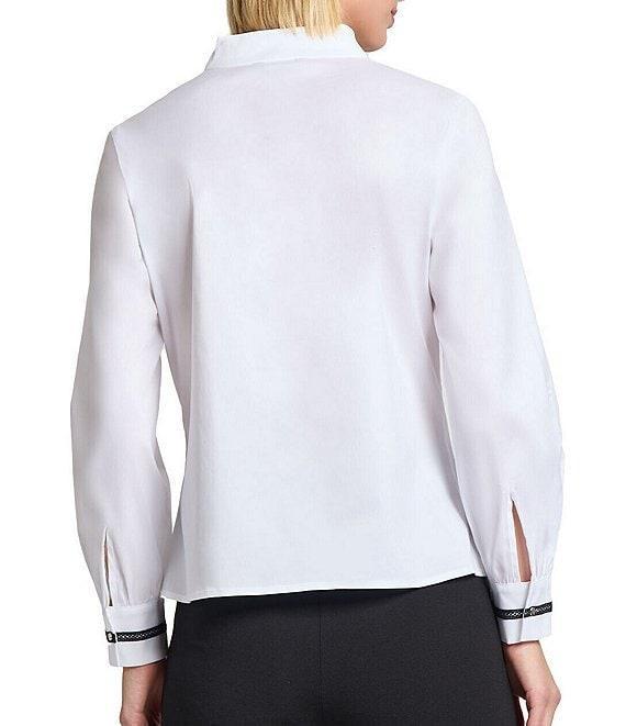 MISOOK Ribbon Trim Stand Collar Split V-Neck Long Sleeve Blouse Product Image