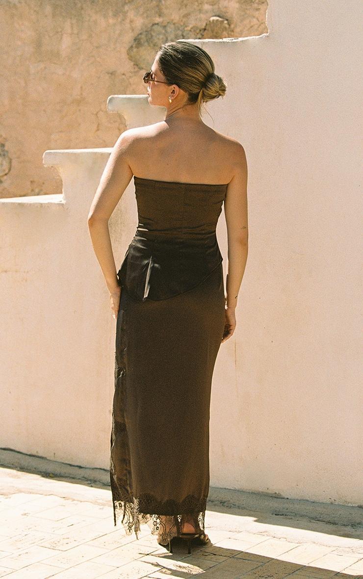 Brown Satin Lace Detail Midi Skirt Product Image