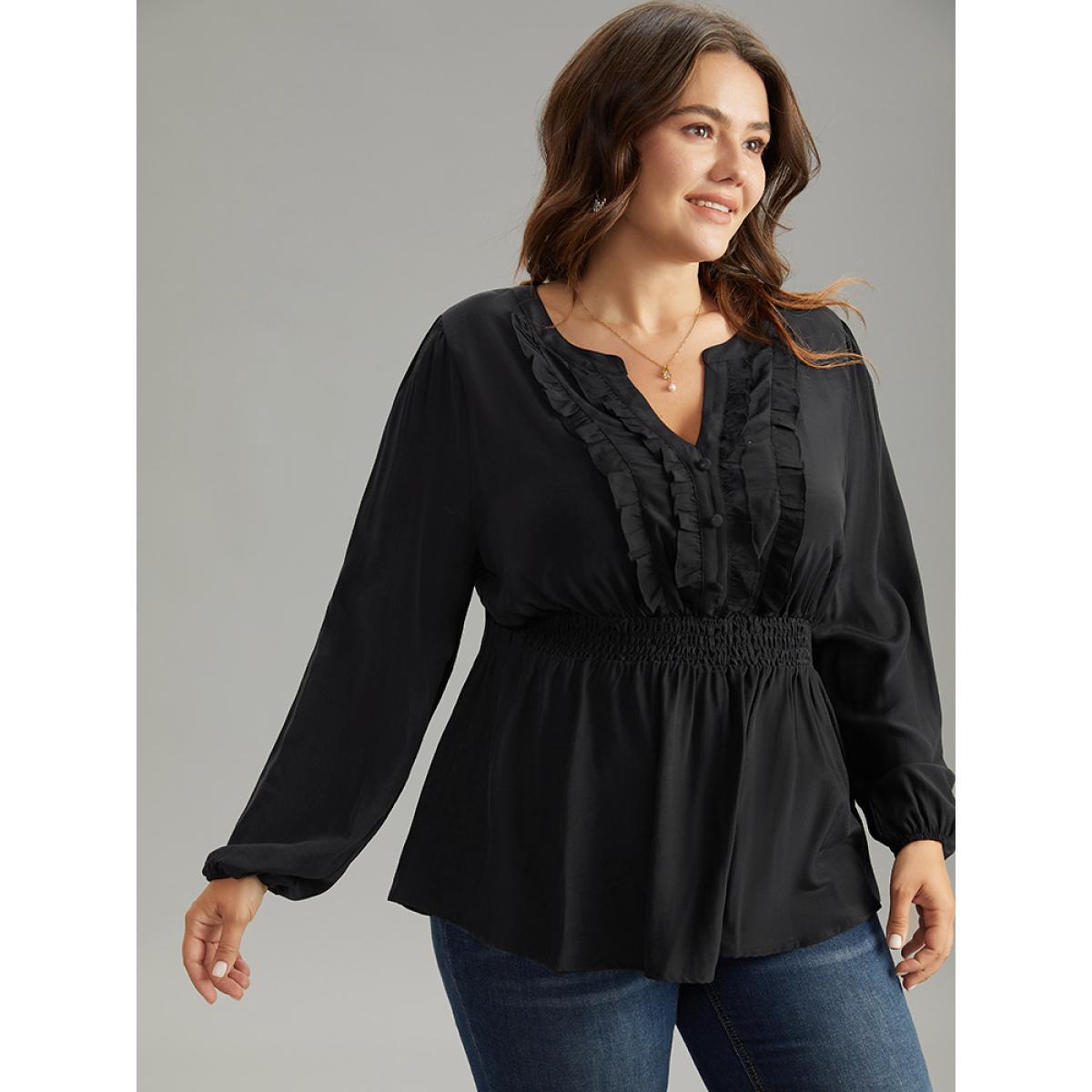 Plus Size Black Solid Frill Trim Shirred Flutter Hem Blouse Women Elegant Long Sleeve Notched collar Dailywear Blouses BloomChic 12/L Product Image