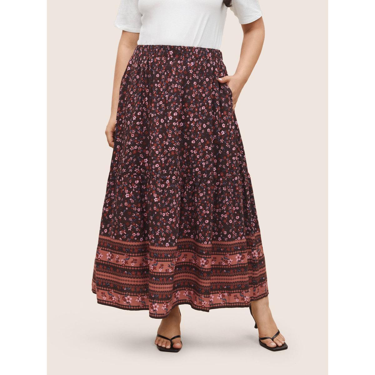 Plus Size Rayon Boho Print Elastic Waist Pocket Skirt Women Eggplant Resort Non No stretch Slanted pocket Vacation Skirts BloomChic 30/6X Product Image