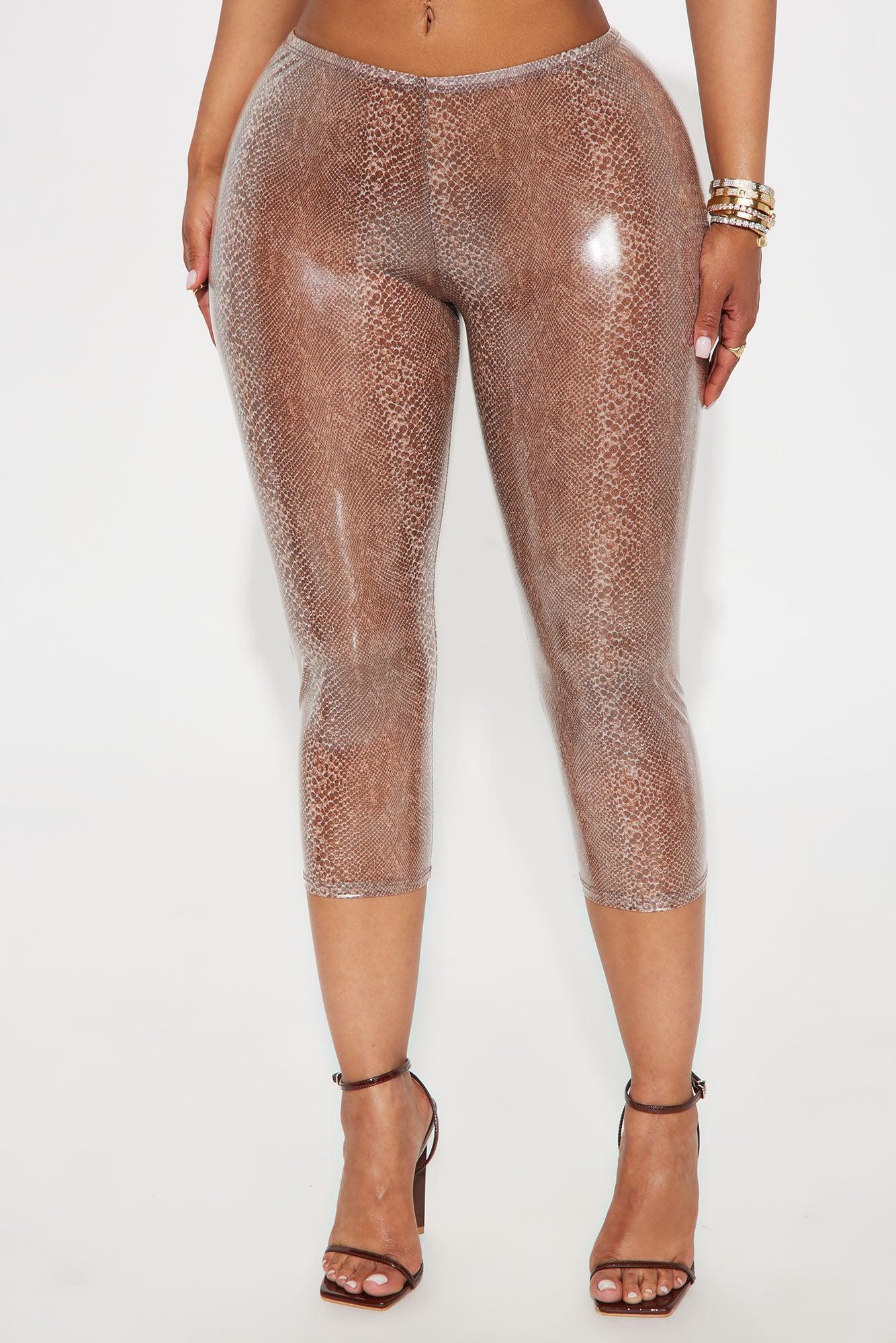 Giovana Snake Print Latex Mesh Capri Legging - Brown Product Image
