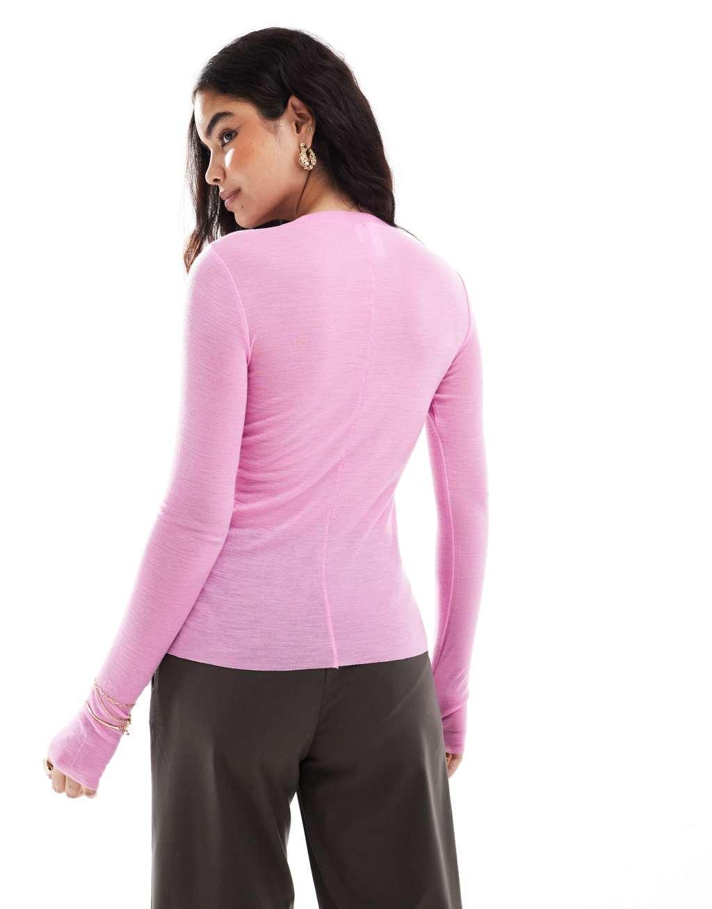 & Other Stories mohair & wool blend long sleeve top with thumbhole detail in pink Product Image