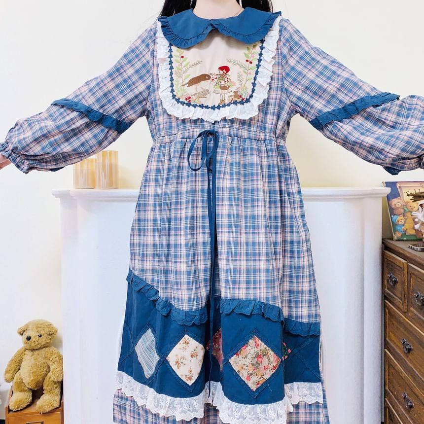 Long-Sleeve Collar Plaid Embroidered Patchwork Midi A-Line Dress Product Image