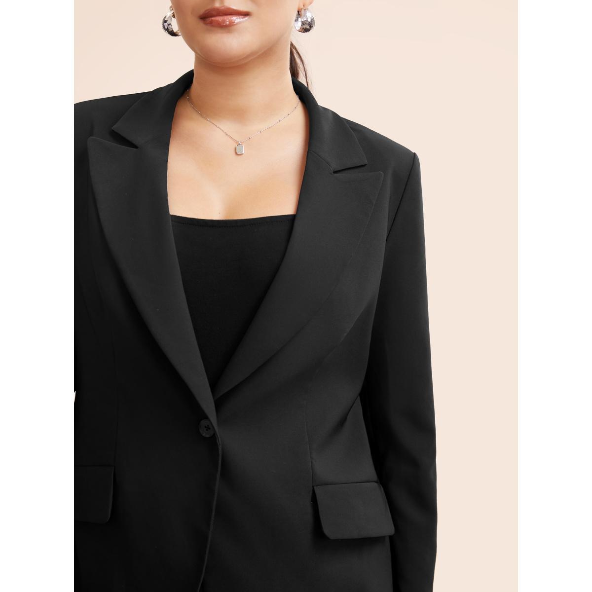 Plus Size Stretch Woven Pocket Slim-Fit Blazer Black Women Work Button Sleeve Extra Long Sleeve Suit Collar 30/6X Open pocket with flap At the Office Blazers BloomChic Product Image
