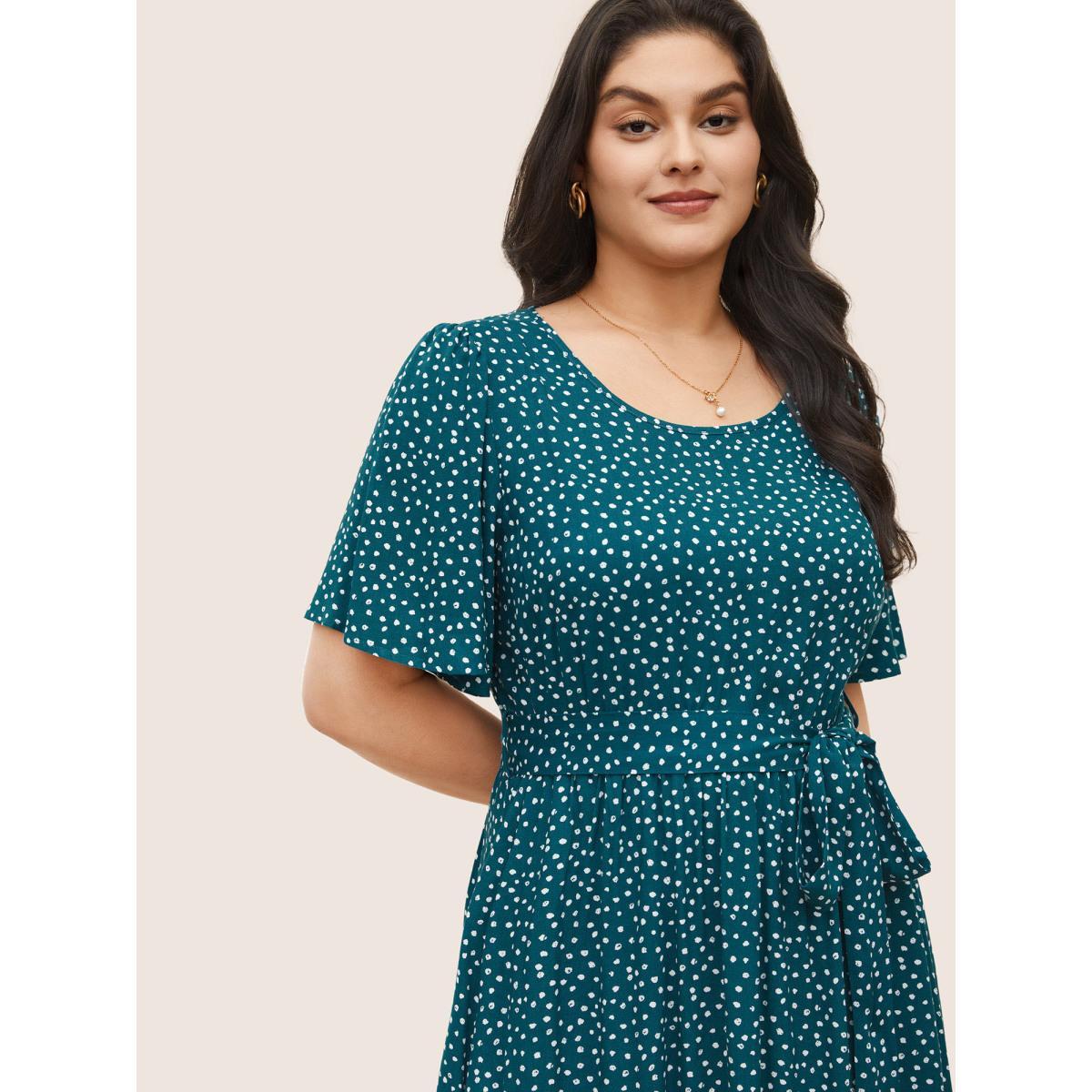Plus Size Polka Dot Belted Flutter Sleeve Crew Neck Dress Teal Women Elegant Non Round Neck Short sleeve Curvy Midi Dress BloomChic 10/M Product Image