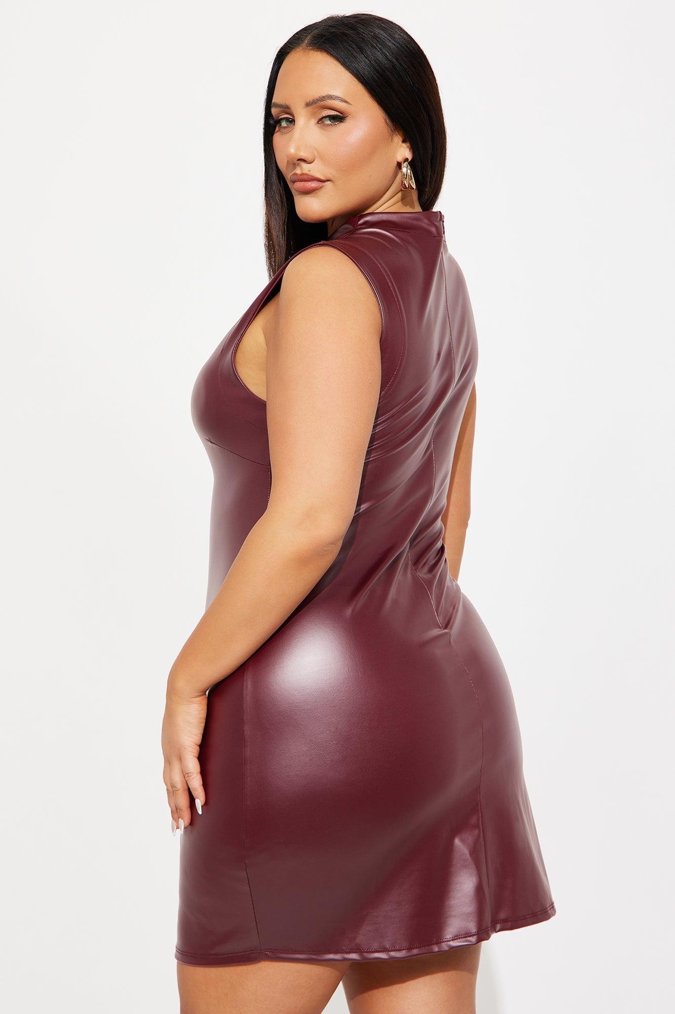 Ashley Ruched Faux Leather Mini Dress - Wine Product Image