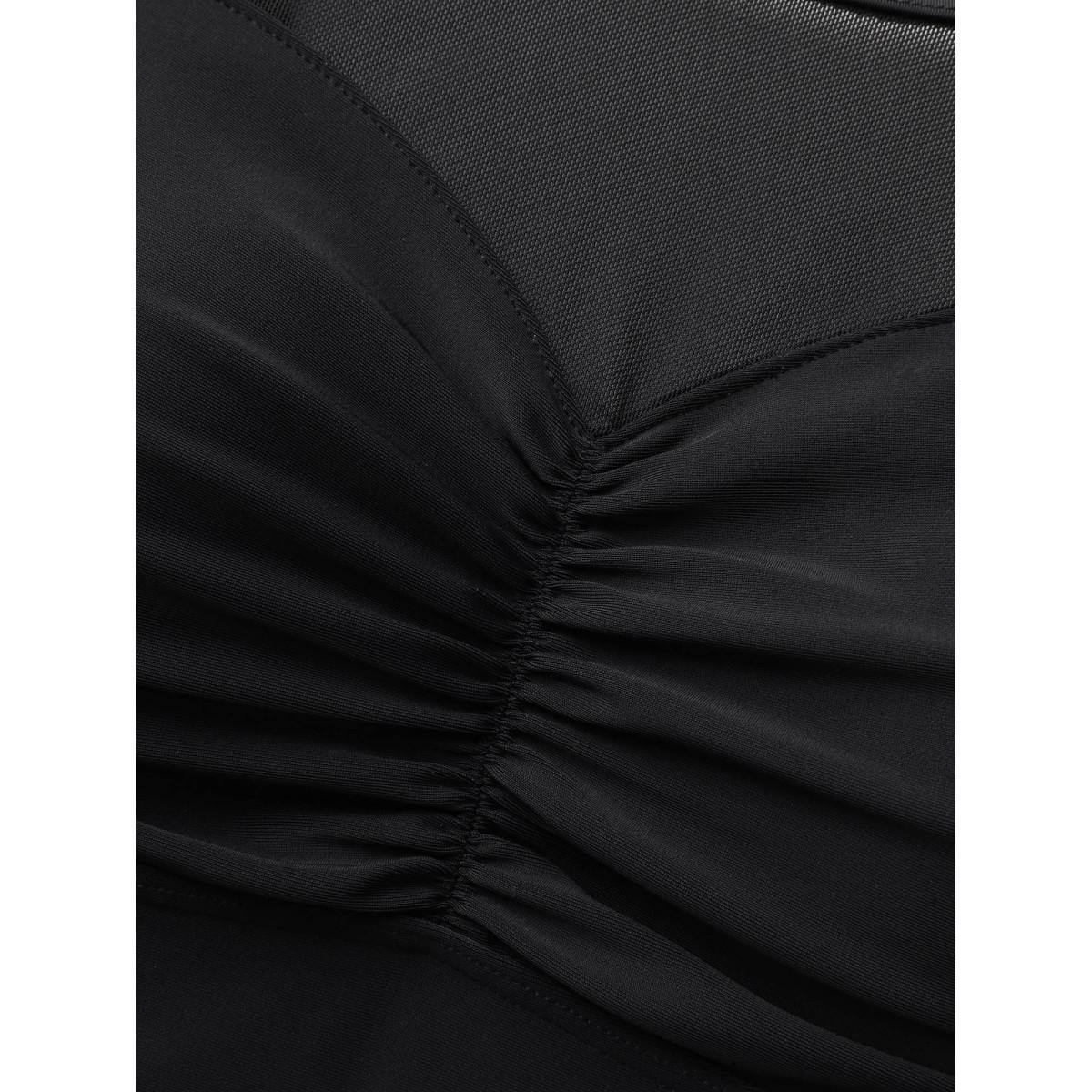 Plus Size Sheer Sweetheart Neckline Adjustable Swim Top Women's Swimwear Black Beach Gathered High stretch Skinny U-neck Curve Swim Tops BloomChic 10/M Product Image