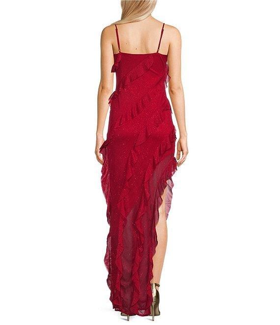 Honey and Rosie Spaghetti Strap Sleeveless Sheer Ruffle Glitter Jersey Dress Product Image