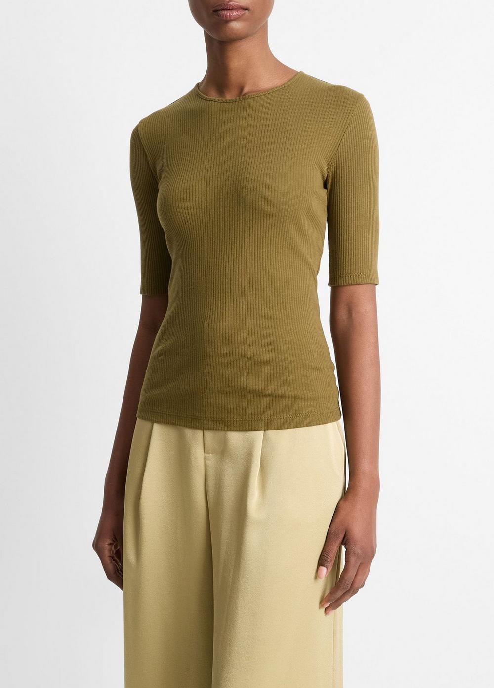 Womens Ribbed Cotton Elbow-Sleeve T-Shirt, Laurel, Size S Vince Product Image