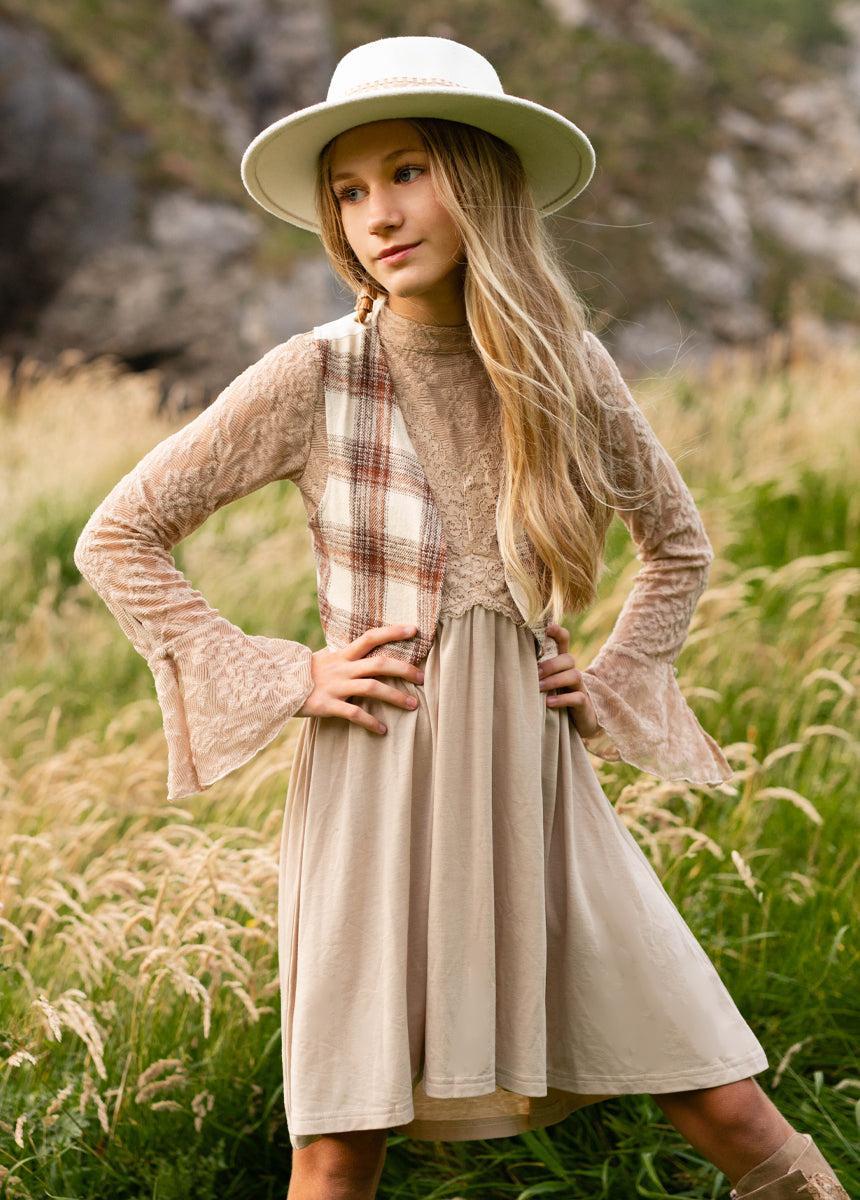 Meike Vest in Ecru Plaid Girls Product Image