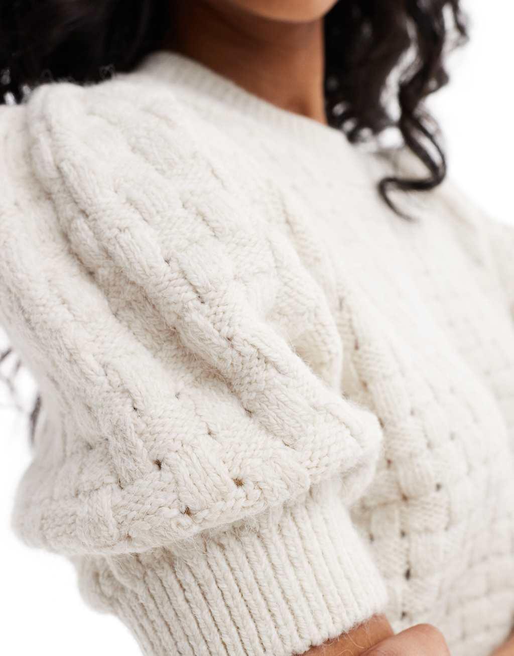 ASOS DESIGN knitted t shirt with puff sleeve in stitch in cream Product Image