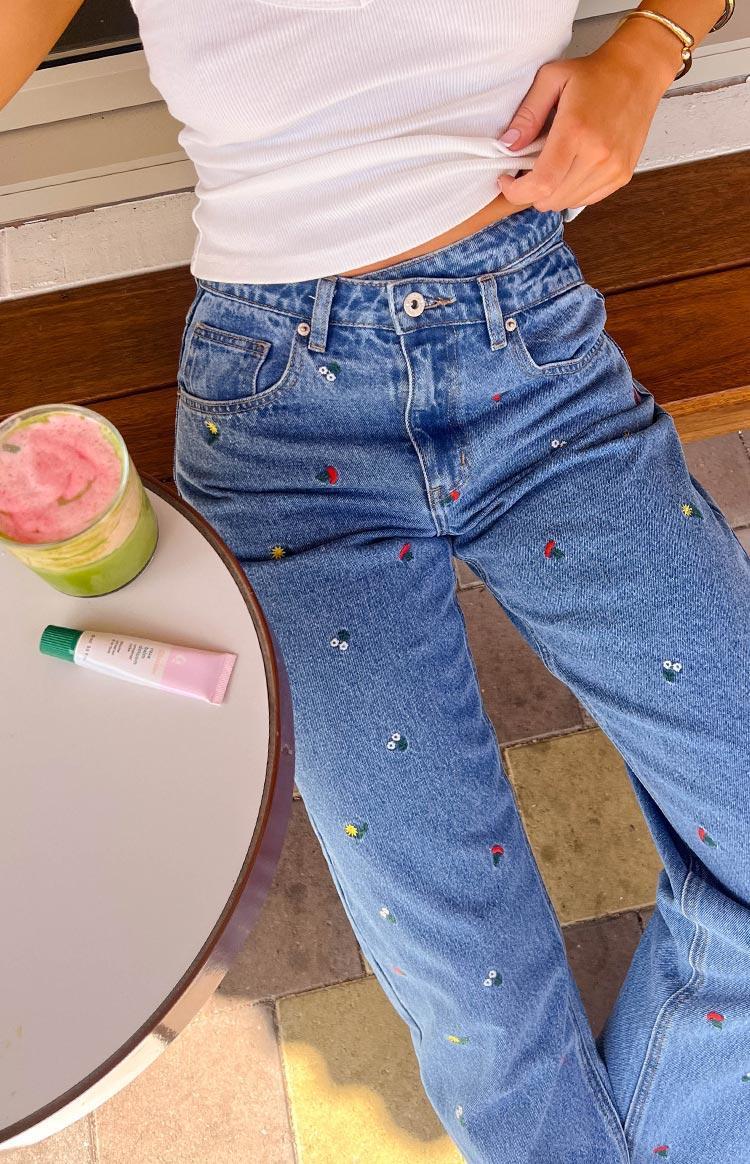 Kansis Blue Embroidered Uneven Waist Jeans Product Image