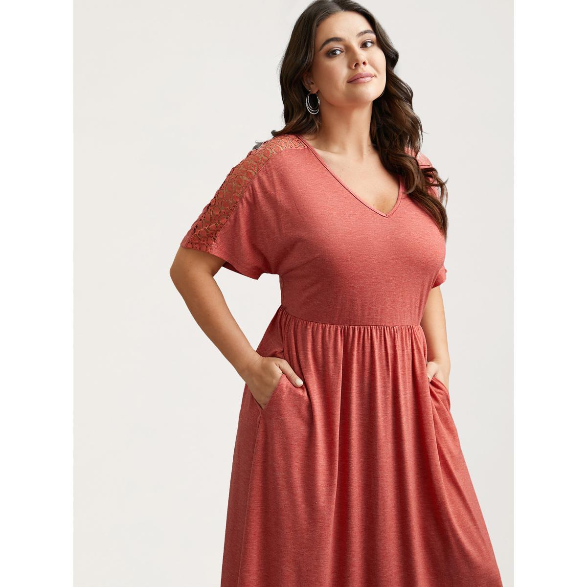 Plus Size V-Neck Sheer Lace Pockets Midi Dress OrangeRed Women Casual Woven ribbon&lace trim V-neck Short sleeve Curvy BloomChic 26/4X Product Image