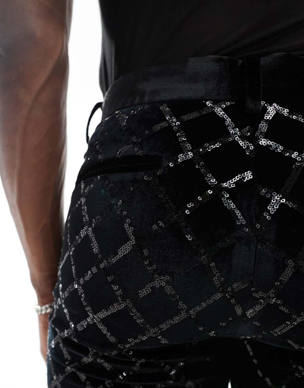 ASOS DESIGN skinny diamond sequin suit pants in black Product Image