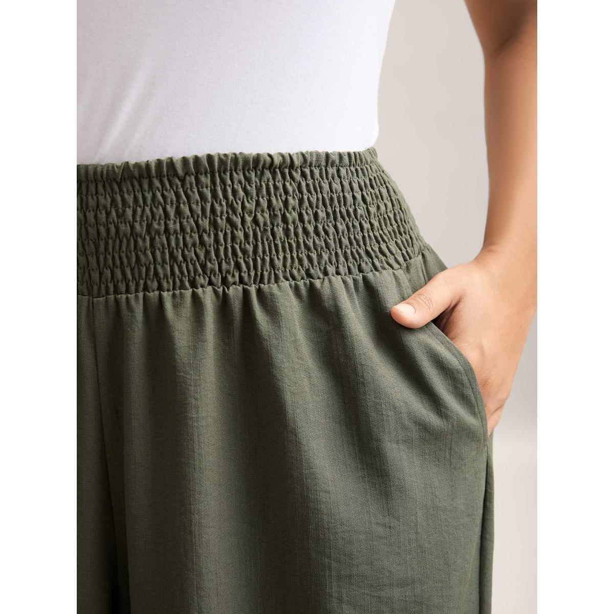 Plus Size Shirred Waist Wide-Leg Solid Pants Women ArmyGreen Resort Wide Leg Mid Rise Vacation Pants BloomChic 26/4X Product Image