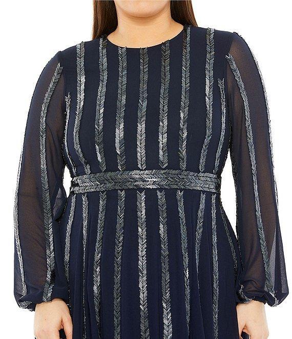 Mac Duggal Plus Size Long Sheer Sleeve Crew Neck Beaded Dress Product Image