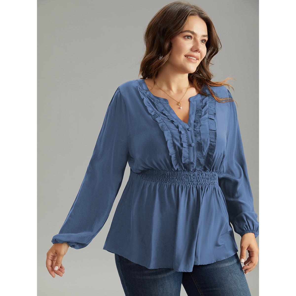Plus Size Aegean Solid Frill Trim Shirred Flutter Hem Blouse Women Elegant Long Sleeve Notched collar Dailywear Blouses BloomChic 30/6X Product Image