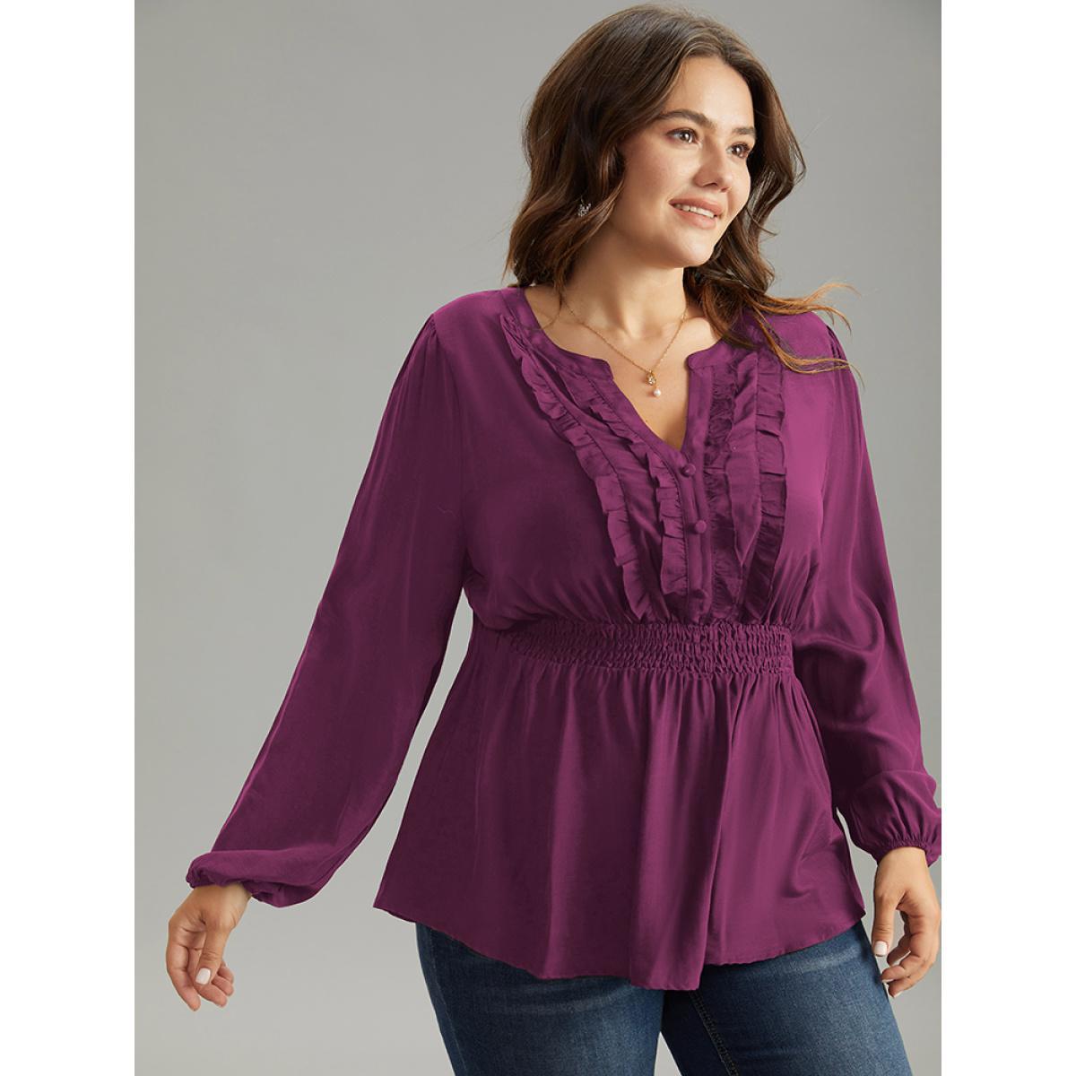 Plus Size RedViolet Solid Frill Trim Shirred Flutter Hem Blouse Women Elegant Long Sleeve Notched collar Dailywear Blouses BloomChic 28/5X Product Image