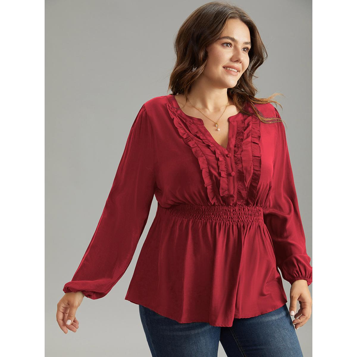 Plus Size Raspberry Solid Frill Trim Shirred Flutter Hem Blouse Women Elegant Long Sleeve Notched collar Dailywear Blouses BloomChic 14-16/1X Product Image