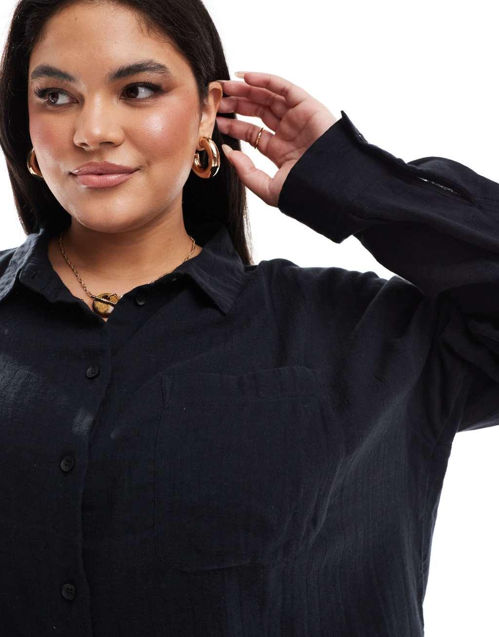 ASOS DESIGN Curve oversized textured cotton shirt in black Product Image