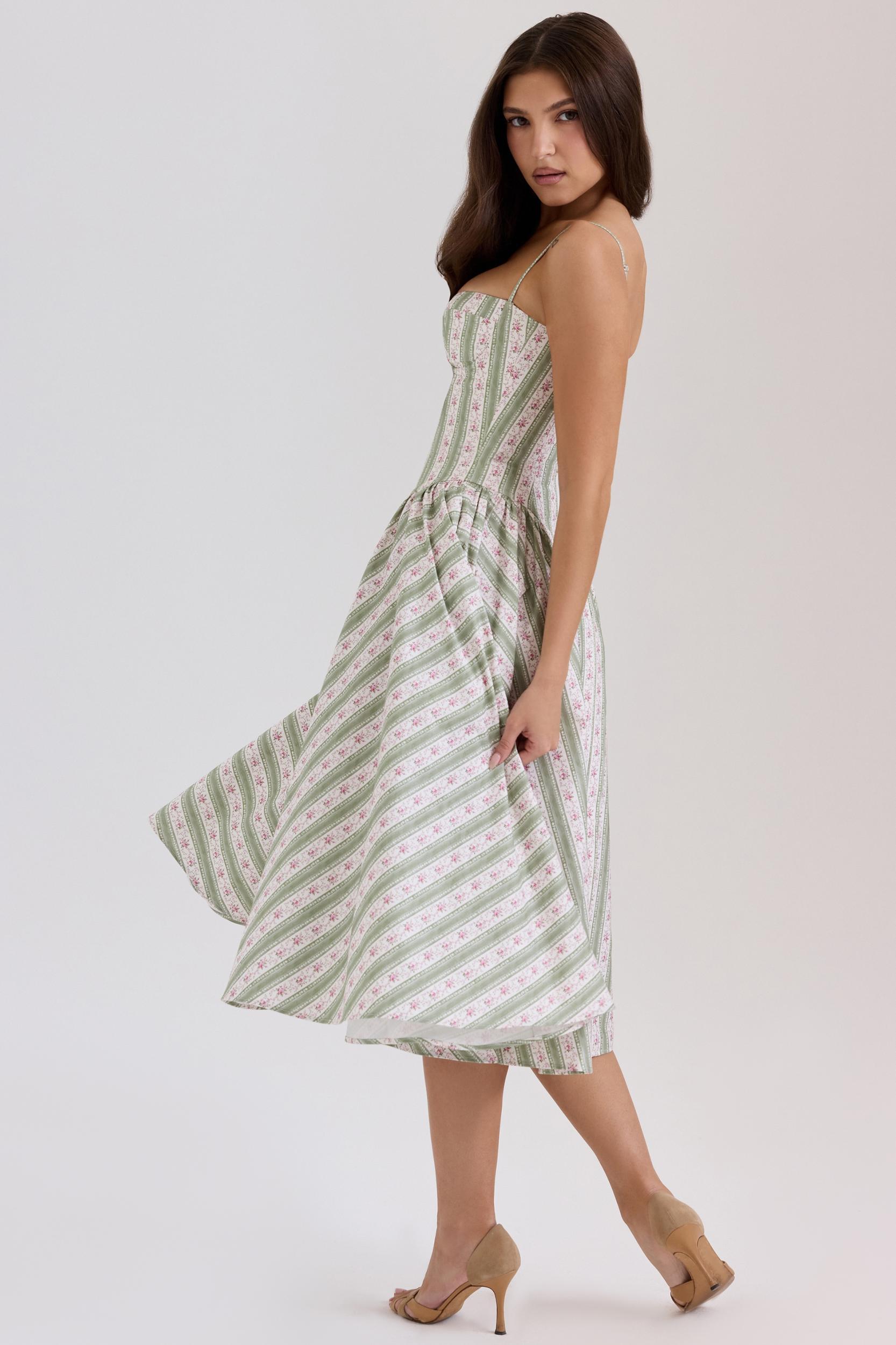Samaria  sage striped floral print cotton midi dress Product Image