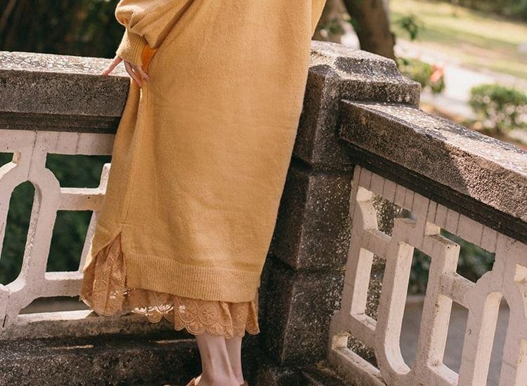 Long Sleeve Crew Neck Embroidered Floral Ruffle Trim Midi Sweater Dress Product Image