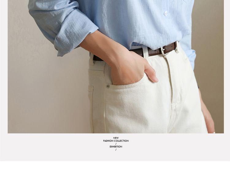 Long Sleeve Lapel Collar Plain Button Shirt Product Image