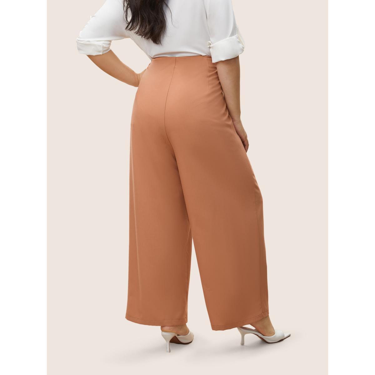 Plus Size Plain Zipper Fly Pleated Wide Leg Pants Women Coral Casual Wide Leg High Rise Everyday Pants BloomChic 18-20/2X Product Image