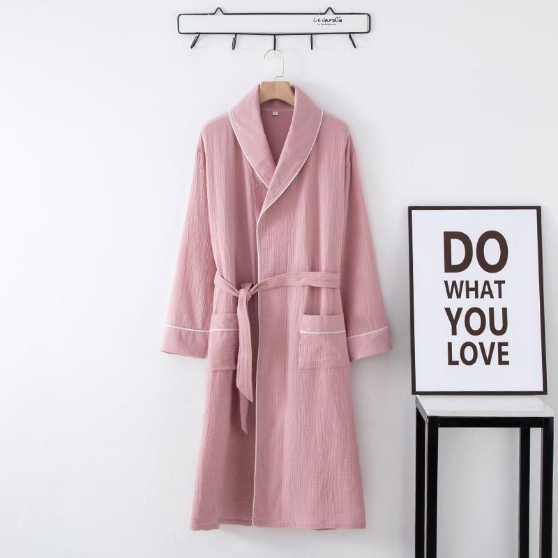Couple Matching Plain Contrast Trim Tie Waist Pajama Robe (Various Designs) Product Image