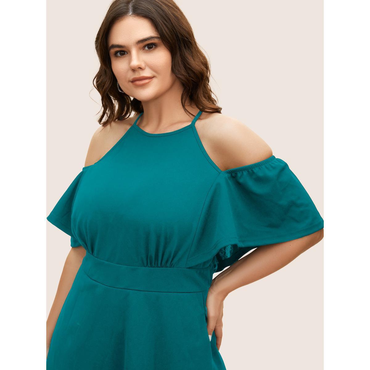 Plus Size Cold Shoulder Flutter Sleeve Midi Dress Teal Women At the Office Gathered Round Neck Short sleeve Curvy BloomChic 10/M Product Image