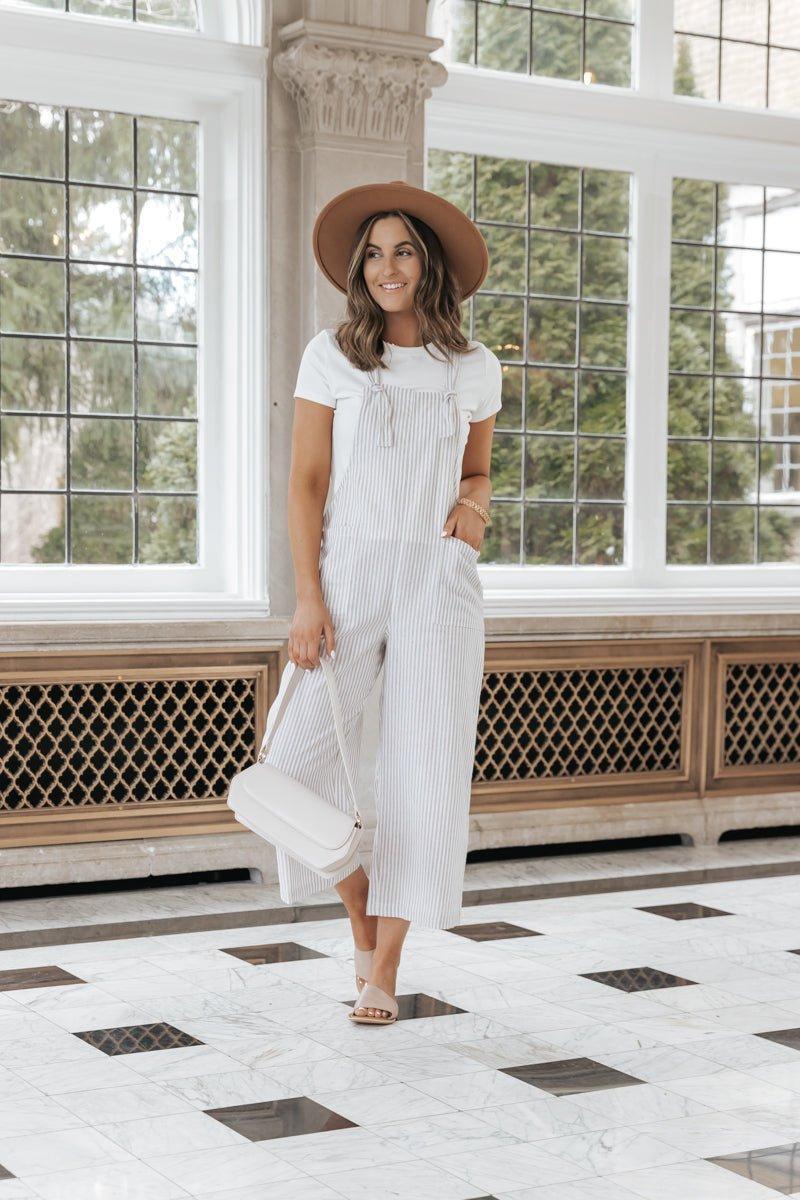 Taupe Stripe Linen Jumpsuit Product Image