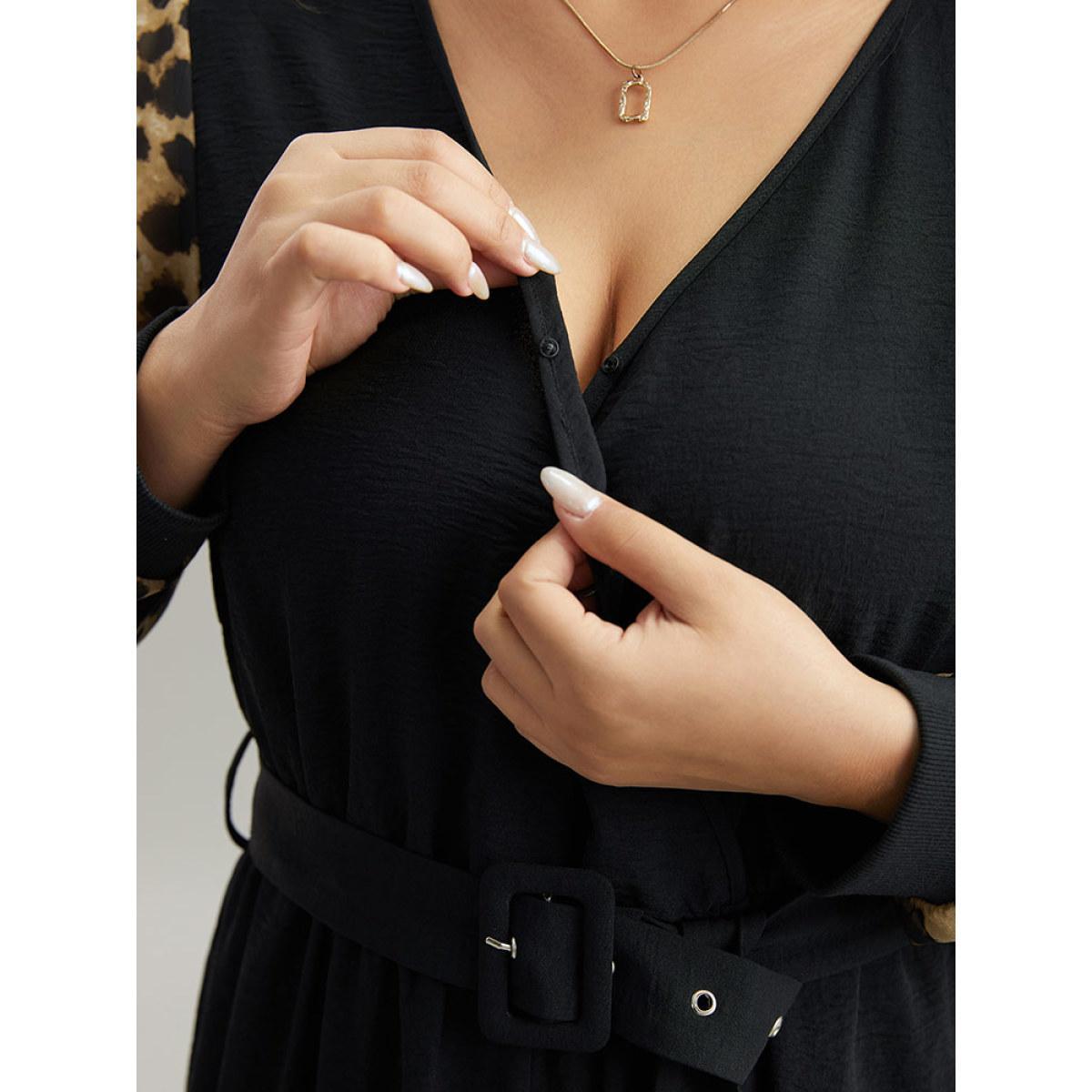 Plus Size Black Leopard Patchwork Wrap Buckle Detail Belted Jumpsuit Women Glamour Long Sleeve V-neck Going out Loose Jumpsuits BloomChic 18-20/2X Product Image