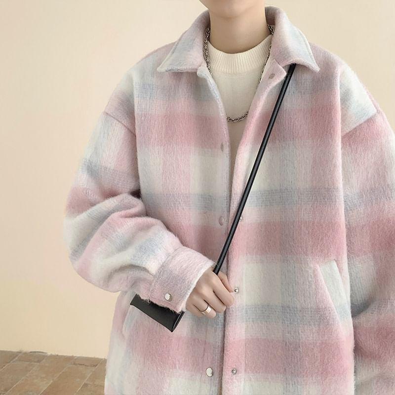 Drop Shoulder Collared Plaid Button Coat Product Image
