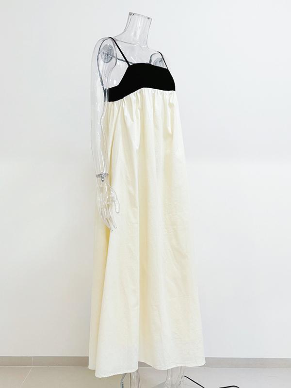 A-Line Loose Contrast Color Pleated Split-Joint Spaghetti-Neck Maxi Dresses Product Image
