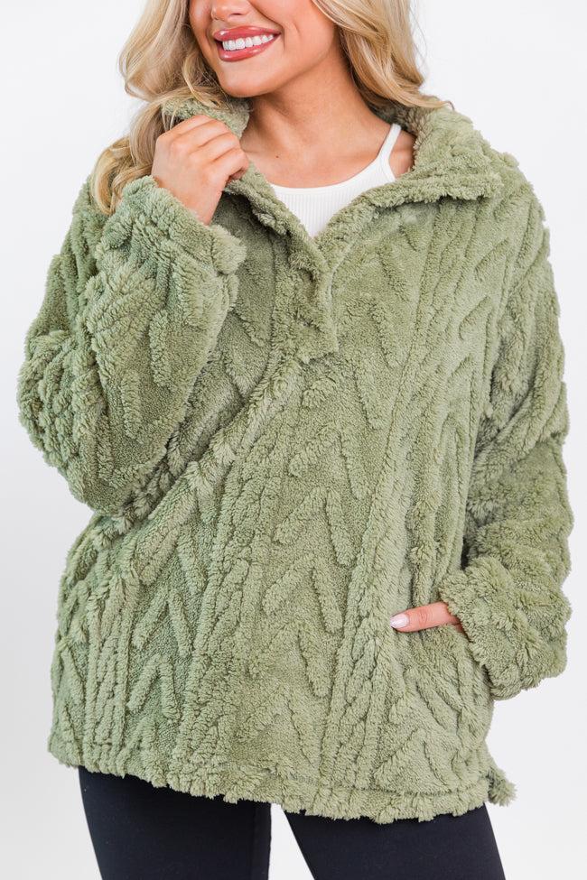 Take The Leap Olive Cable Detail Sherpa Pullover FINAL SALE Product Image