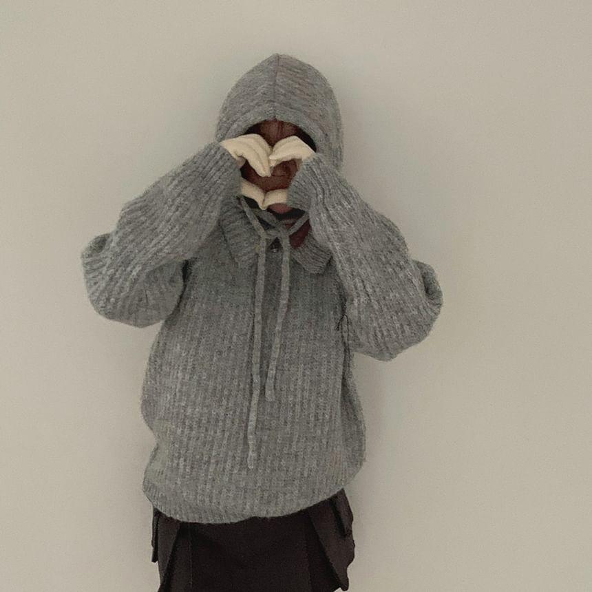 Long Sleeve Plain Ribbed-Knit Loose-Fit Sweater with Beanie Product Image
