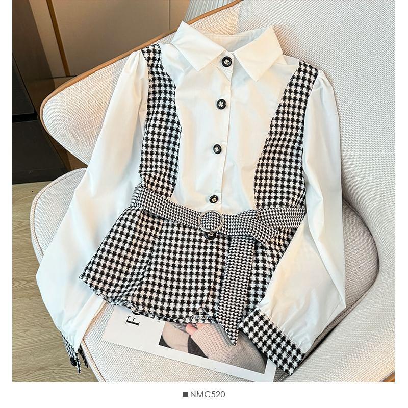 Long-Sleeve Collared Houndstooth Belted Panel Shirt Product Image