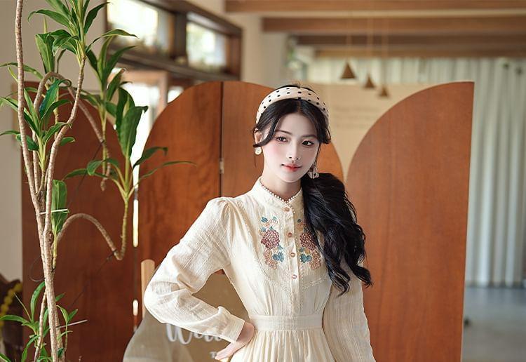 Long-Sleeve Stand Collar Embroidered Maxi A-Line Dress Product Image