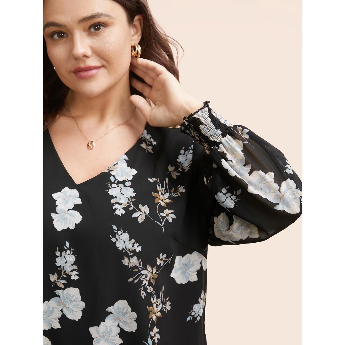 Plus Size Black Floral Chiffon Shirred Lantern Sleeve Blouse Women Elegant Long Sleeve V-neck Everyday Blouses BloomChic 28/5X Product Image