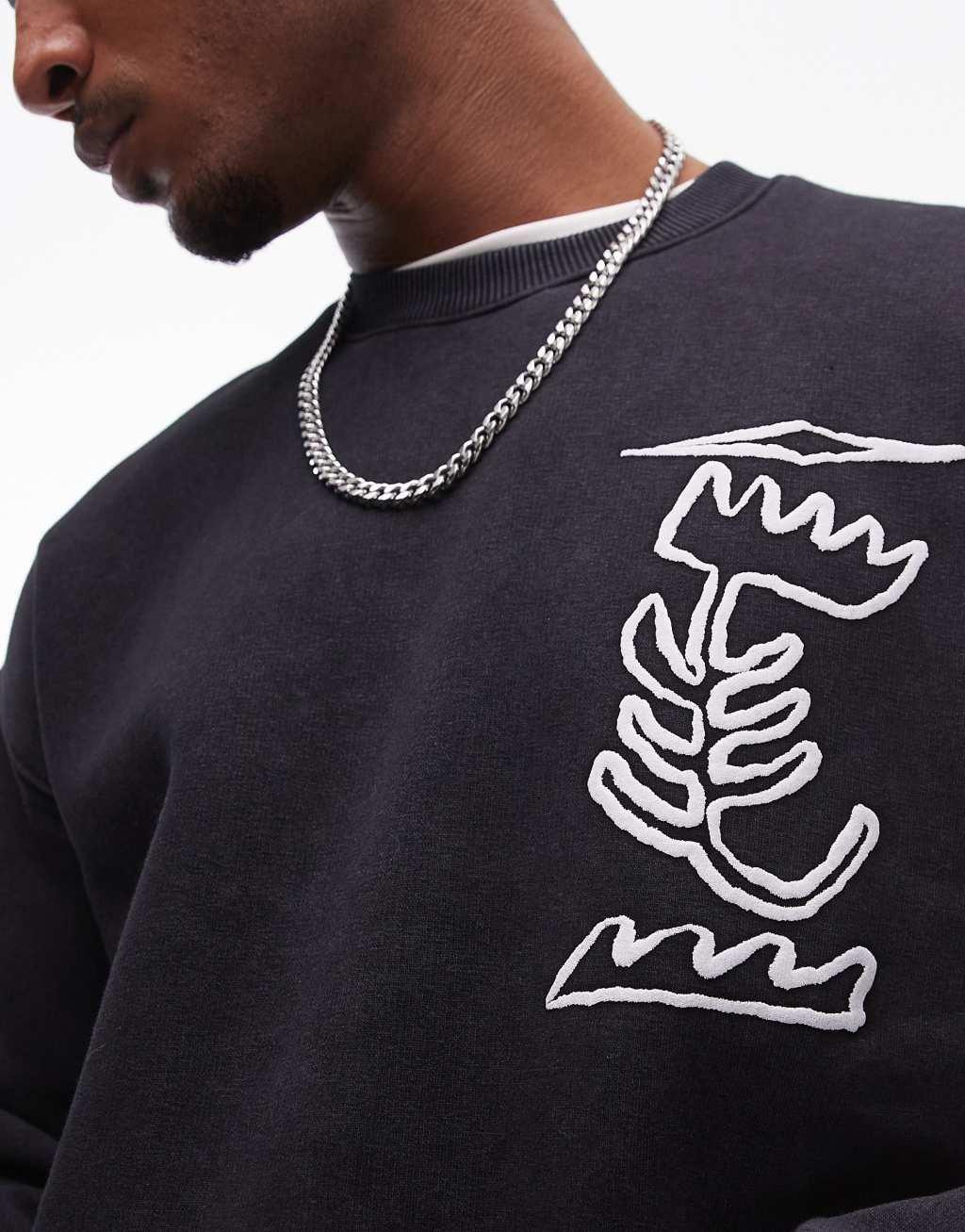 Topman oversized fit sweatshirt with front and back abstract motif textured print in black Product Image