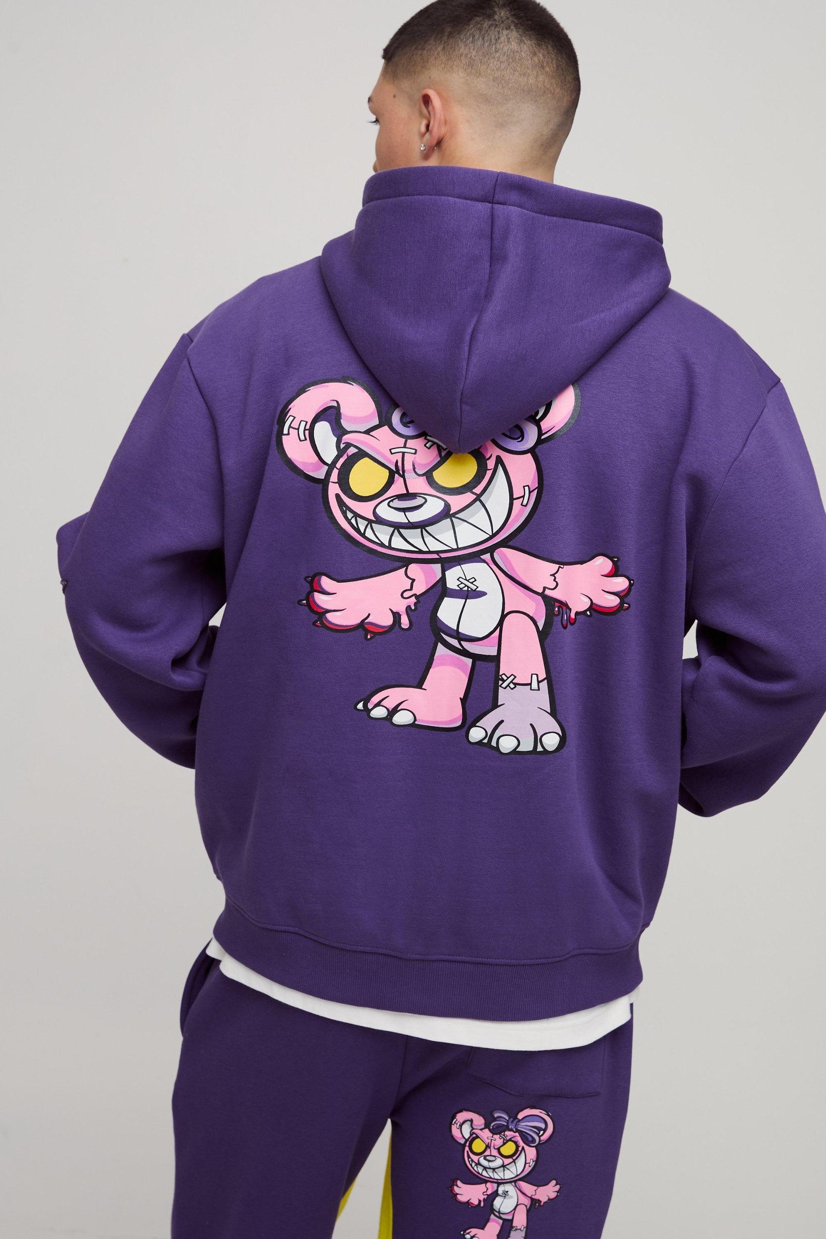 Oversized Zip Through Evil Teddy Printed Applique Hooded Tracksuit | boohooMAN USA Product Image