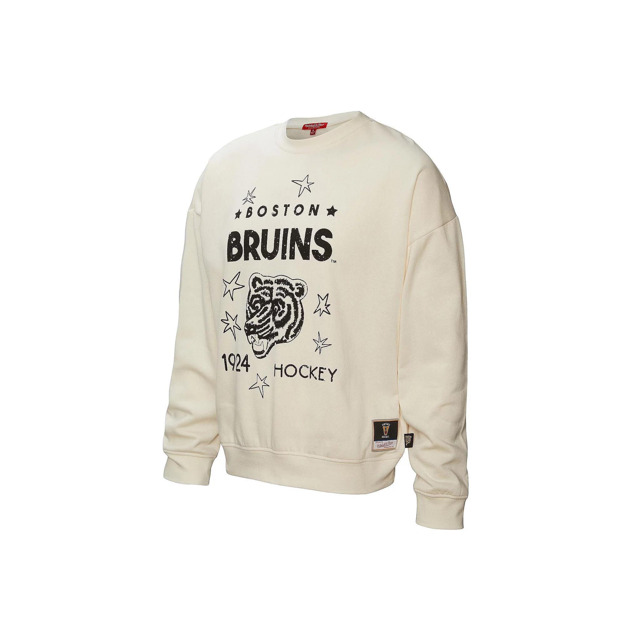 Women's Mitchell & Ness  Cream Boston Bruins Logo 3.0 Pullover Sweatshirt, Size: XS, Beige Product Image