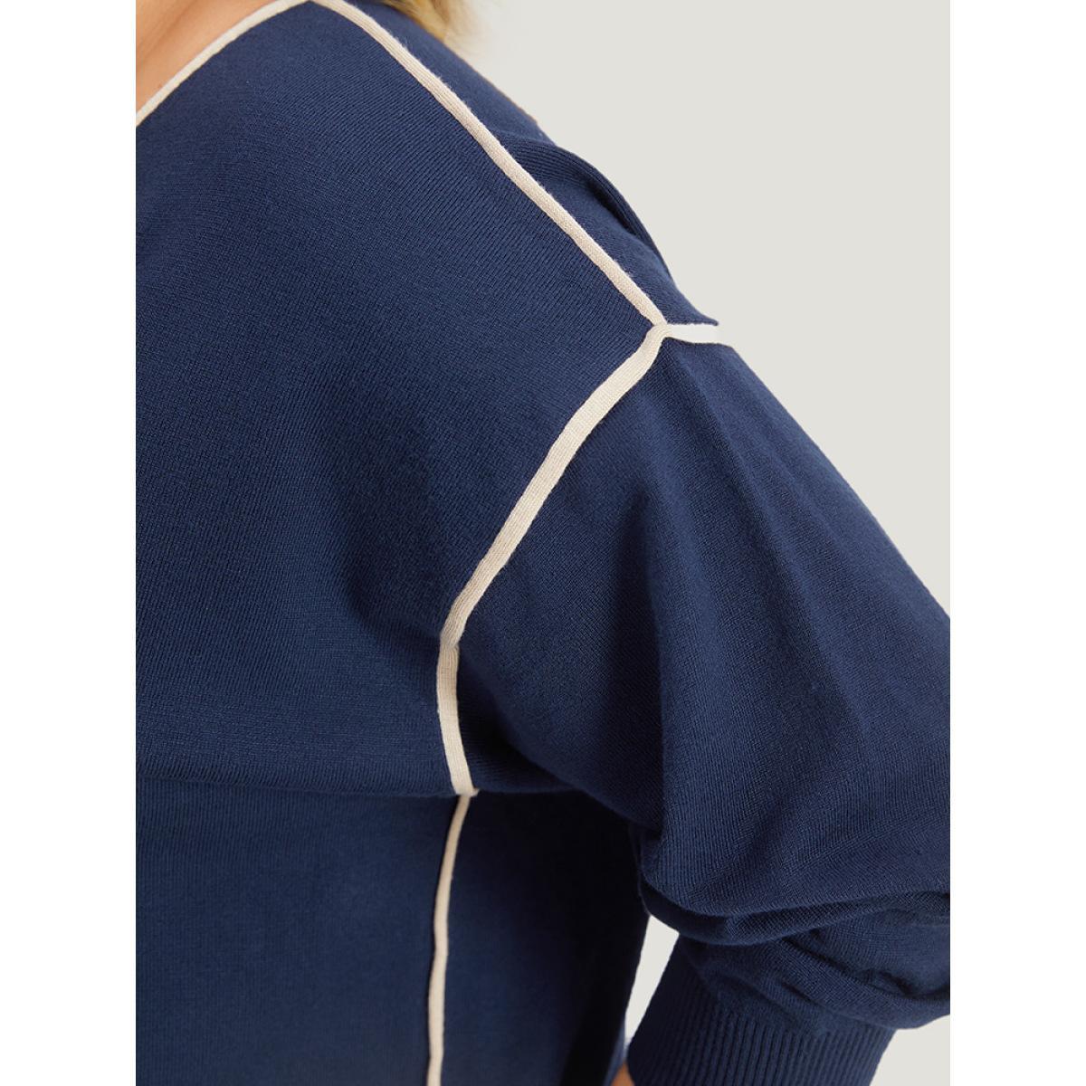 Plus Size Supersoft Essentials Contrast Trim Drop Shoulder Pullover Navy Women Casual Loose Long Sleeve V-neck Dailywear Pullovers BloomChic 12/L Product Image
